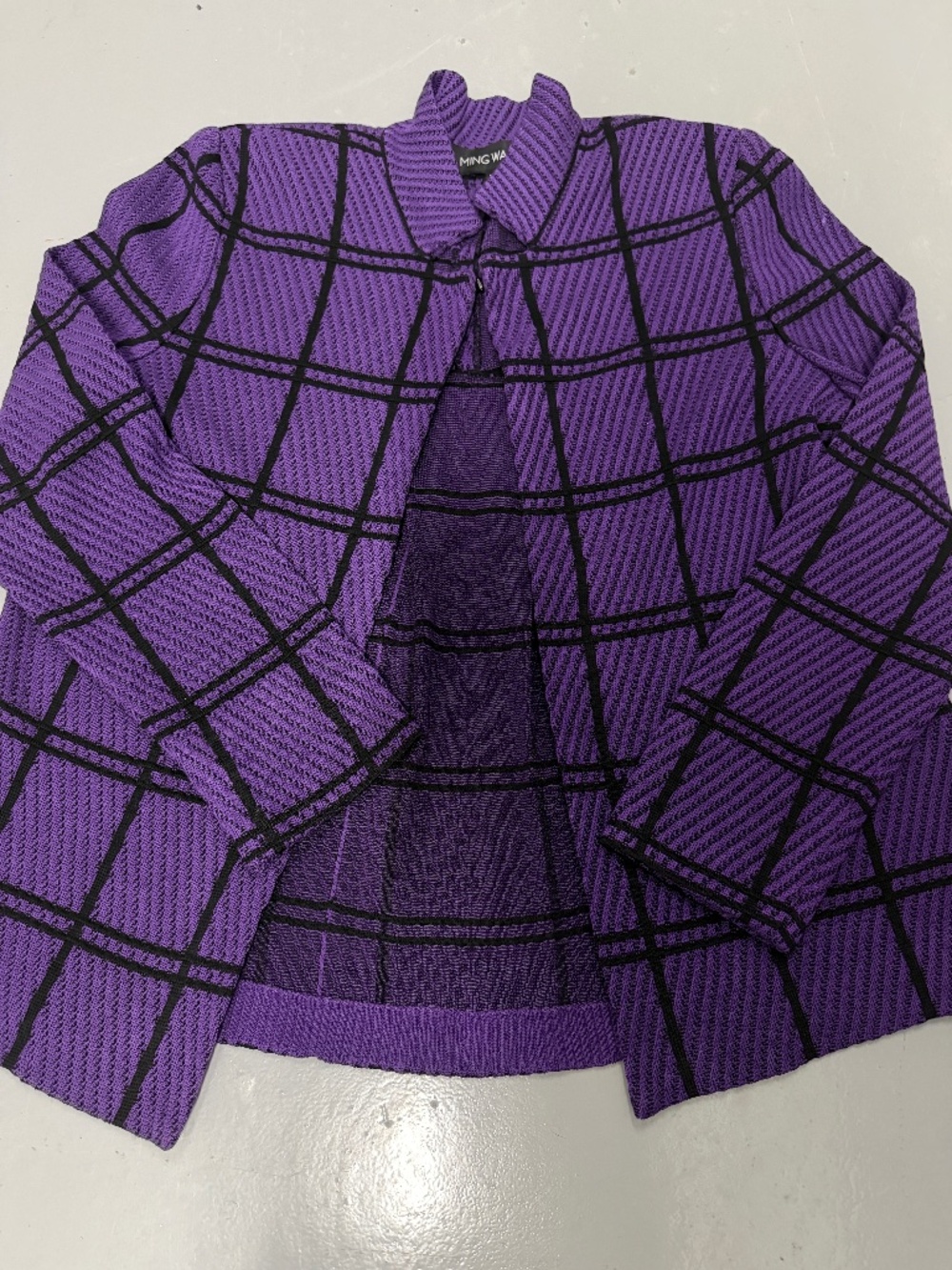MING WANG knit jacket size XS purple black plaid checks collar open front